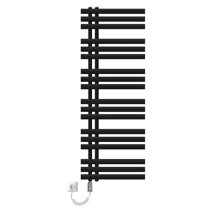 LuxeBath Badheizkörper Iron EM 500x1400 mm Schwarz Matt 1200W -  - Schwarzer elektrischer Handtuchwärmer mit Querstreben, an eine Steckdose angeschlossen.