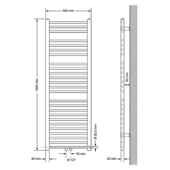 LuxeBath Badheizkörper Designheizkörper Sahara 500x1500mm Durchgang gerade Schwarz - Schwarz - Technische Zeichnung eines rechteckigen Handtuchheizkörpers, Vorder- und Seitenansicht mit Maßen: 1500x500mm, 50mm Wandabstand, 1/2" Anschlüsse.