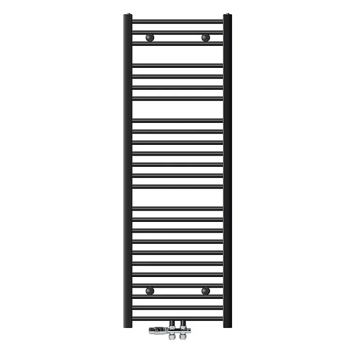 LuxeBath Badheizkörper Handtuchwärmer Mittelanschluss gerade mit Boden Thermostatventil - B x H: 50 x 150 mm, Anthrazit - Schwarzer vertikaler Handtuchheizkörper mit horizontalen Stangen, Chromventil und schwarzen runden Handtuchhaltern.
