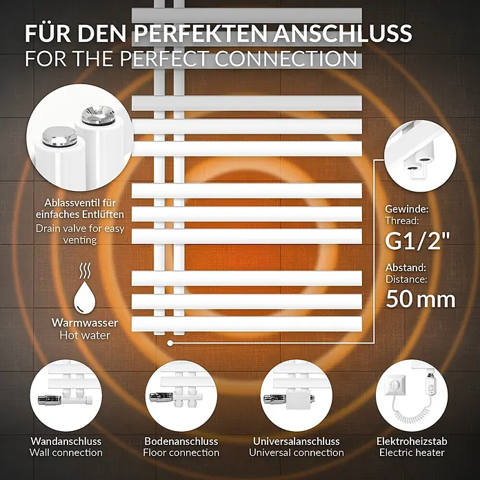 LuxeBath Elektro-Badheizkörper Handtuchheizkörper Elektrisch mit Heizstab 600x1600 mm Weiß 1200W -  - Weißer Handtuchheizkörper mit Ablassventil, G1/2"-Gewinde, 50mm Abstand und Wand-, Boden-, Universal-, Elektroheizstab-Anschlussoptionen.