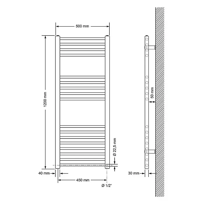 LuxeBath Elektro-Badheizkörper Handtuchwärmer mit Heizstab 500x1200 mm gerade Weiß 1200W -  - Technisches Datenblatt eines Handtuchheizkörpers, 1200x500mm, mit Maßen und Anschlüssen.