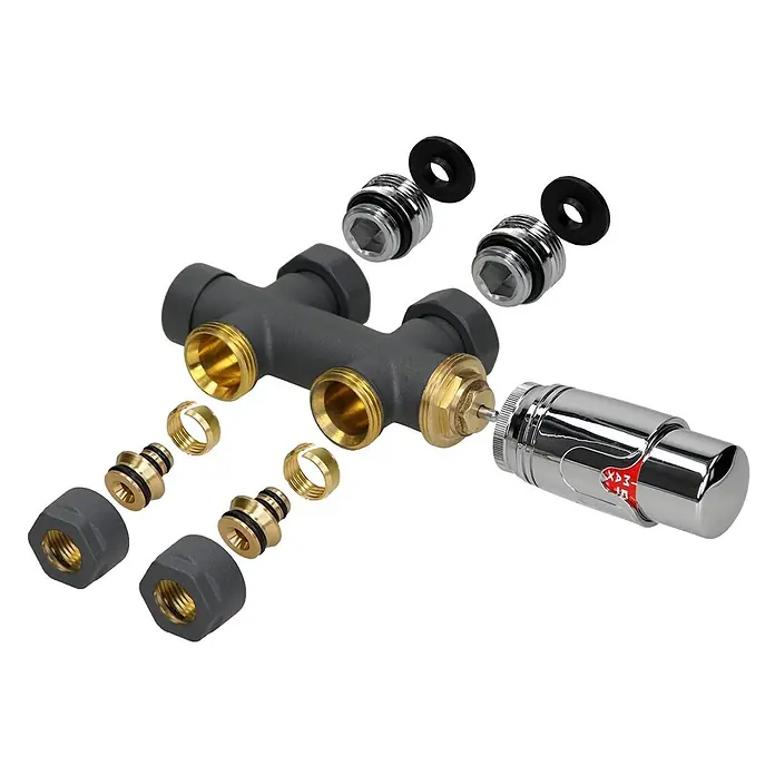 ECD Germany Badheizkörper Paneelheizkörper Handtuchwärmer mit Durchgangsform Thermostatventil - Anthrazit - Demontiertes Thermostatventil-Set mit dunkelgrauem Verteiler, Chrom-Regelkopf und Messing-Klemmfittings.