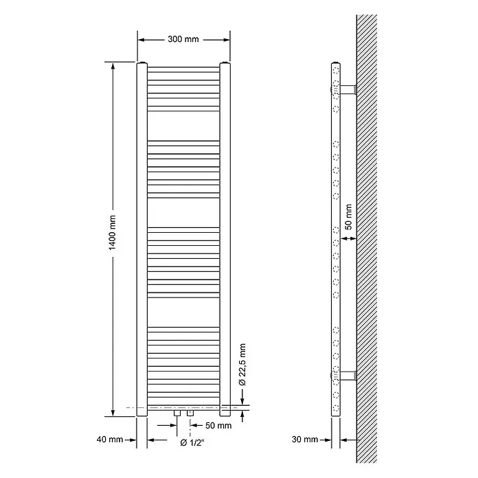 LuxeBath Badheizkörper Design Handtuchheizkörper Handtuchwärmer Mittelanschluss gerade 360 W - B x H: 30 x 140 cm, Weiß - Technische Zeichnung eines Handtuchheizkörpers mit Maßen.