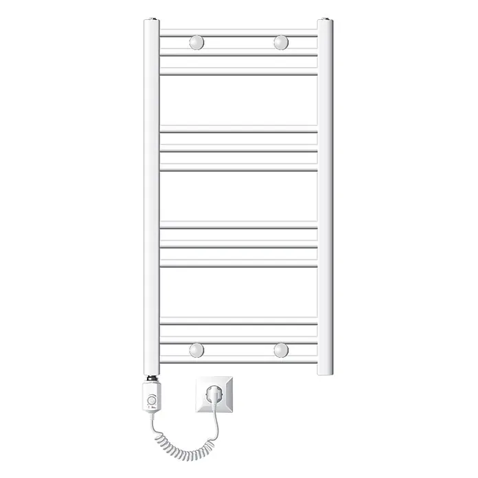 ECD Germany Elektro-Badheizkörper Designheizkörper Handtuchtrockner Handtuchheizkörper Handtuchheizung - B x H: 50 x 80 cm - Weißer elektrischer Handtuchwärmer mit mehreren horizontalen Stangen, Bedieneinheit und Spiralkabel, das in eine Steckdose gesteckt ist.
