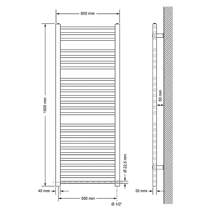 ECD Germany Elektro-Badheizkörper Elektrisch mit Heizstab 1200W, 600x1500mm Weiß -  - Technische Zeichnung eines rechteckigen Metall-Handtuchwärmers mit horizontalen Stangen, inklusive Installationsmaßen.