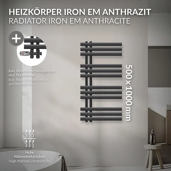 LuxeBath Badheizkörper Handtuchheizkörper Handtuchwärmer mit Durchgangsform Thermostatventil - B x H: 50 x 100 mm, Anthrazit - Anthrazitfarbener Heizkörper (500x1000mm) im Bad, inkl. Bodenanschlussgarnitur und Thermostat, hohe Wärmeleitfähigkeit.