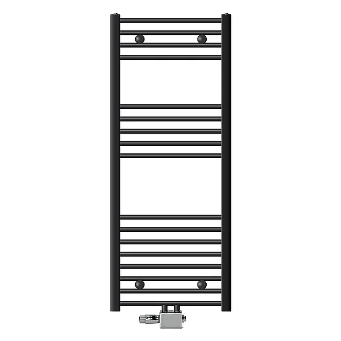LuxeBath Badheizkörper Handtuchwärmer Mittelanschluss gerade mit Universal Thermostatventil - B x H: 50 x 120 mm, Anthrazit - Schwarzer Handtuchheizkörper im Leiterstil mit horizontalen Stangen und einem Chrom-Regelventil unten.