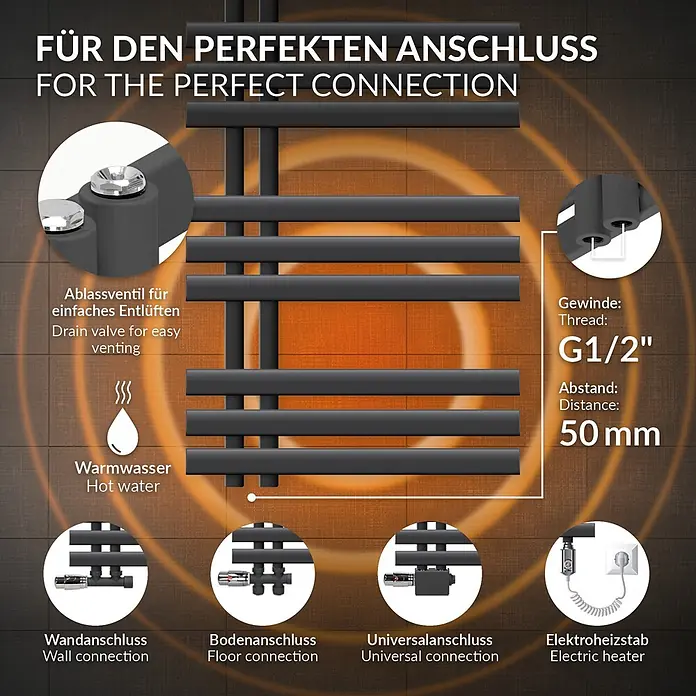 LuxeBath Elektro-Badheizkörper Handtuchheizkörper Elektrisch mit Heizstab 500x1000 mm Anthrazit 600W -  - Infografik schwarzer Handtuchheizkörper, zeigt Anschlussarten (Wand, Boden, universal, elektrisch) und Merkmale (G1/2" Gewinde, Ablassventil).