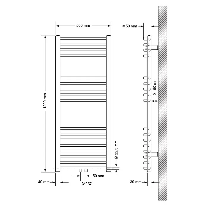 LuxeBath Badheizkörper Designheizkörper Sahara Handtuchwärmer Handtuchtrockner - B x H: 50 x 120 mm, Schwarz - Technische Zeichnung eines rechteckigen Handtuchheizkörpers. Abmessungen: 500 mm Breite, 1200 mm Höhe, mit Wandabstanddetails.