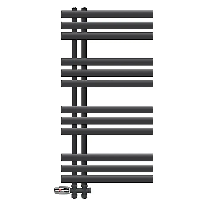 LuxeBath Badheizkörper Handtuchheizkörper Handtuchwärmer mit Durchgangsform Thermostatventil - B x H: 50 x 100 mm, Anthrazit - Dunkelgrauer Anthrazit-Handtuchheizkörper mit mehreren horizontalen Stangen und zwei vertikalen Sammelrohren, mit Bodenventil.