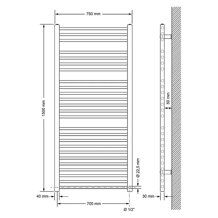 LuxeBath Elektro-Badheizkörper Handtuchheizkörper Sahara Seitenanschluss gerade mit Heizstab 1200W -  - Technische Zeichnung eines Handtuchwärmers, 1500x750mm, wandmontiert. Sie zeigt Maße und Anschlusspunkte.