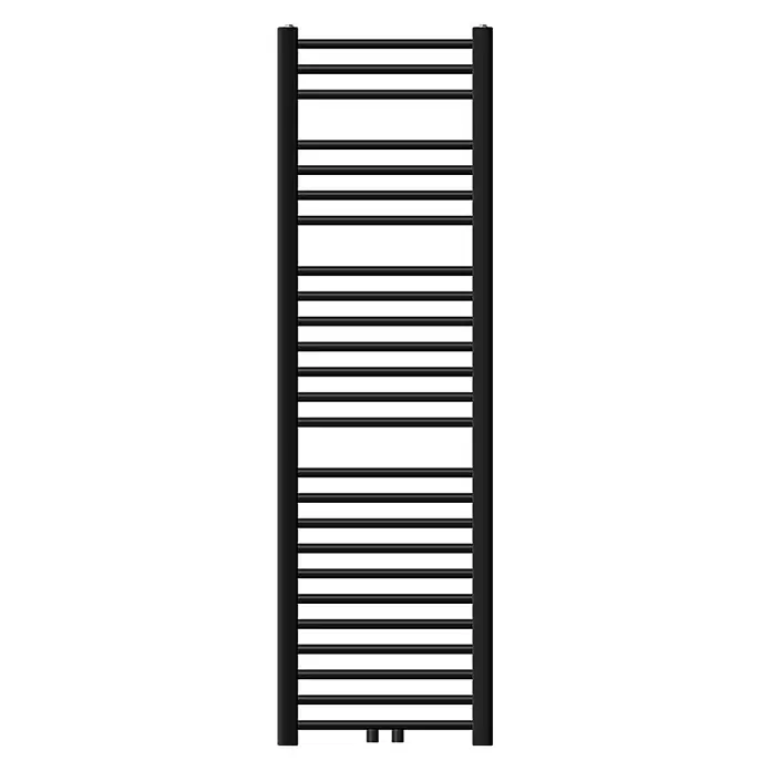 Badheizkörper Sahara 400x1500 mm Schwarz gerade mit Mittelanschluss -  - Schwarzer, hoher Handtuchheizkörper mit vielen horizontalen Stangen zum Wärmen von Handtüchern.