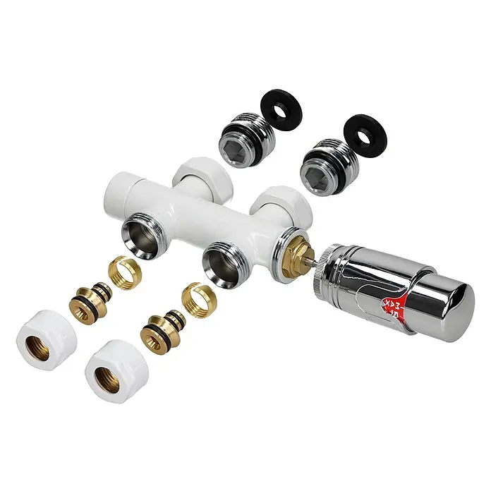LuxeBath Badheizkörper Badheizkörper einlagig 480x1800 mm Weiß gerade 900 W - Weiß - Zerlegtes weißes Thermostat-Heizkörperventil-Set mit Chromkopf und Messingarmaturen.