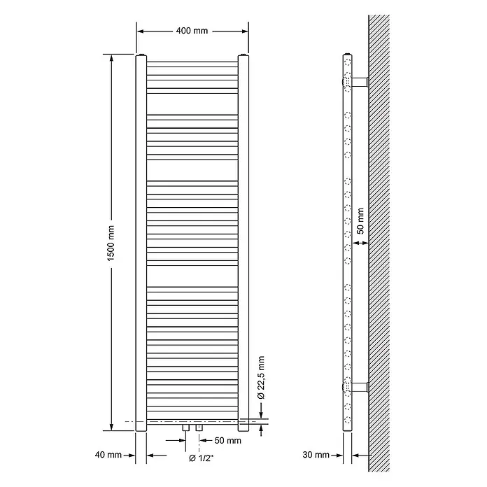 LuxeBath Badheizkörper Designheizkörper Sahara Handtuchheizung Handtuchwärmer - B x H: 3 x 150 mm, Schwarz - Technische Zeichnung eines rechteckigen Handtuchwärmers/Heizkörpers im Leiterdesign mit Vorder- und Seitenansicht und Maßen.