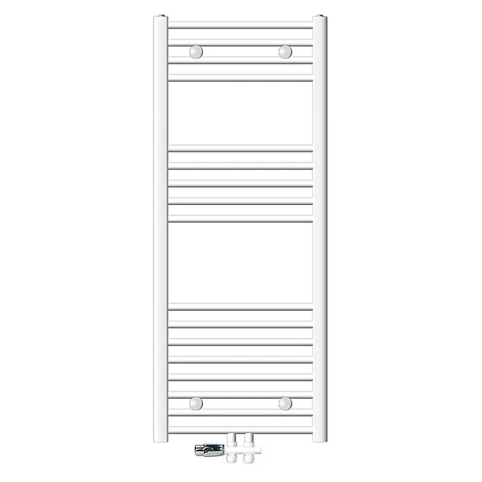 LuxeBath Badheizkörper Handtuchwärmer Mittelanschluss gebogen mit Boden Thermostatventil - B x H: 50 x 120 mm, Weiß - Weißer Handtuchheizkörper mit Querstreben und Chromventil unten.