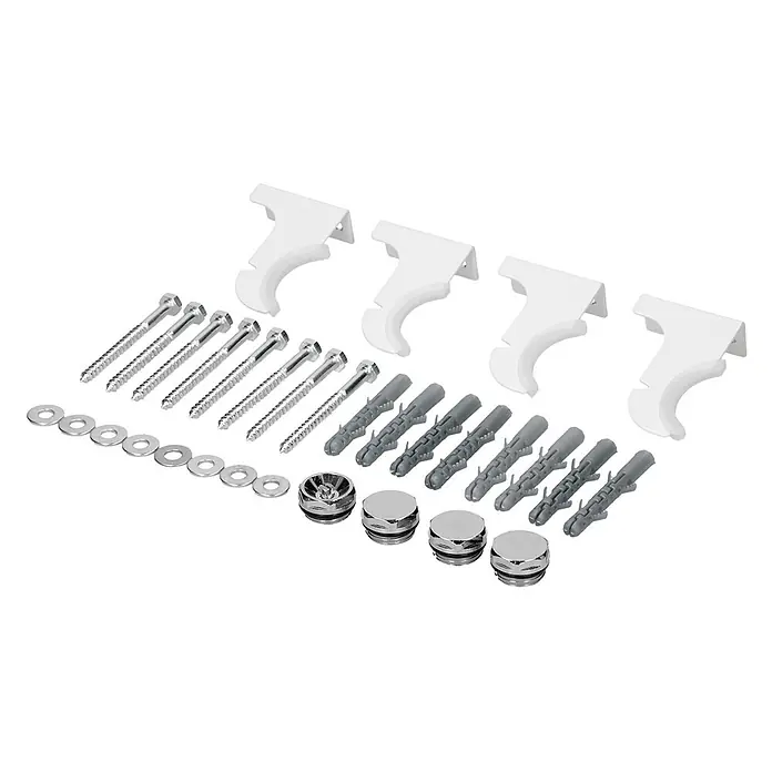 LuxeBath Badheizkörper Paneelheizkörper mit Durchgangsform Thermostatventil 480x1600 mm Weiß - Weiß - Set weißer Heizkörperhalterungen mit silbernen Schrauben, Unterlegscheiben, grauen Dübeln und verchromten Stopfen.
