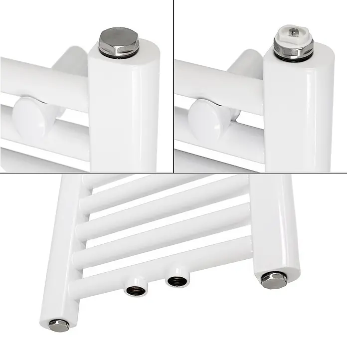 LuxeBath Badheizkörper Handtuchheizkörper Mittelanschluss gerade 600x1500 mm Weiß 660 W - Weiß - Weißer Handtuchheizkörper mit Chromkappen und Entlüftungsventil, zeigt untere Rohranschlüsse.