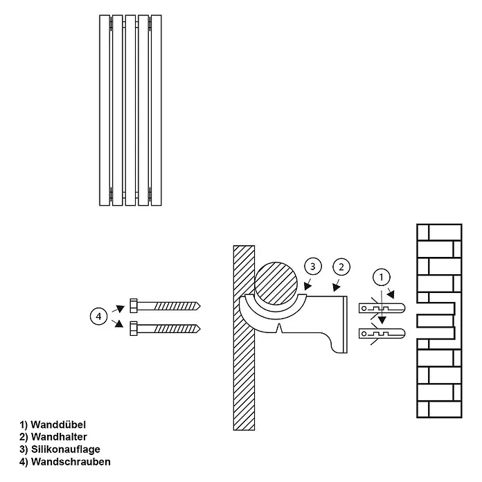 LuxeBath Badheizkörper Paneelheizkörper mit Durchgangsform Thermostatventil 480x1600 mm Weiß - Weiß - Schema eines Heizkörper-Wandmontagesets mit Dübeln, Halter, Silikonauflage und Schrauben zur sicheren Installation.