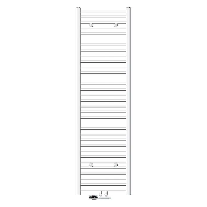 LuxeBath Badheizkörper Handtuchwärmer Mittelanschluss gerade mit Eckform Thermostatventil - B x H: 50 x 180 cm, Weiß - Weißer Handtuchwärmer aus Metall mit Querstreben und unten montiertem Ventil.
