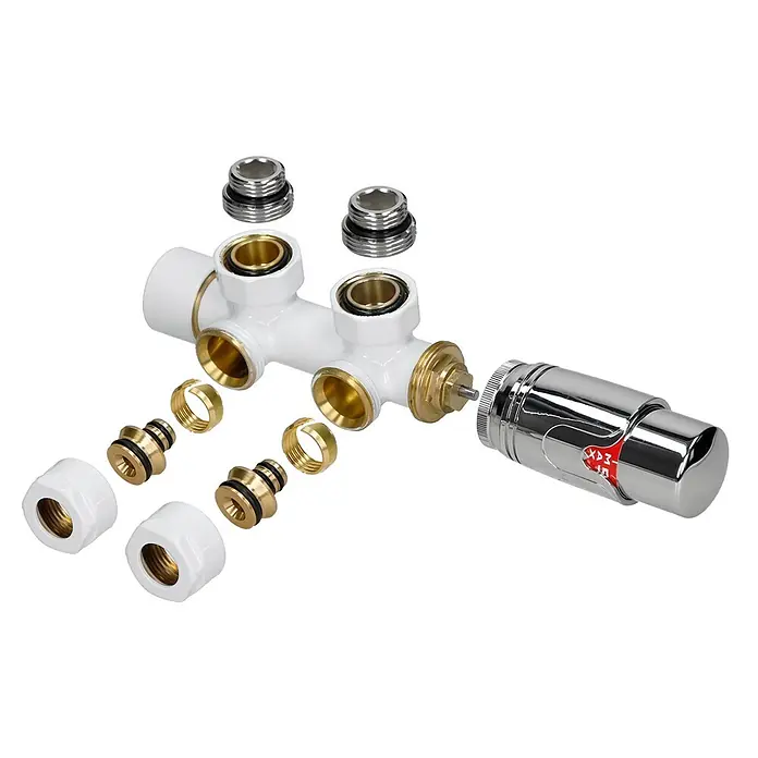 LuxeBath Badheizkörper Vertikal Paneelheizkörper Handtuchwärmer mit Eckform Thermostatventil - B x H: 48 x 160 mm, Weiß - Demontierter weißer Heizkörperventilverteiler mit Messingarmaturen, weißen Muttern, silbernen Stopfen und verchromtem Thermostatkopf.