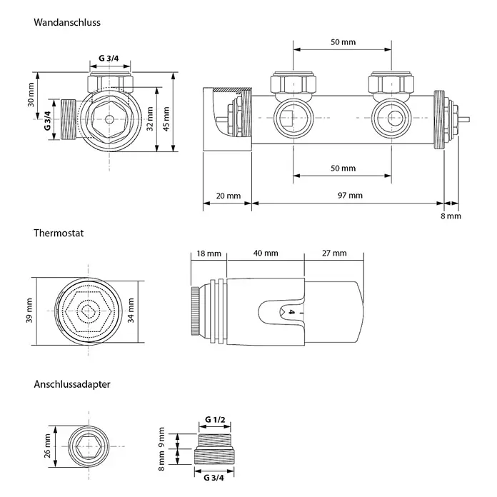 LuxeBath Badheizkörper Vertikal Paneelheizkörper Handtuchwärmer mit Eckform Thermostatventil - B x H: 5 x 160 mm, Schwarz - Detaillierte technische Zeichnung von Sanitärkomponenten: Wandanschluss, Thermostat und Adapter mit Maßen.