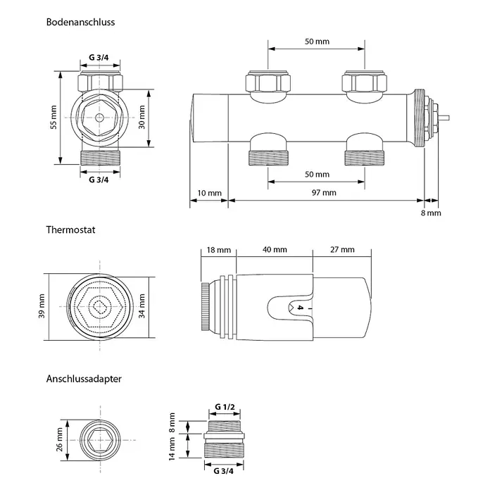 LuxeBath Badheizkörper Paneelheizkörper mit Durchgangsform Thermostatventil 480x1600 mm Weiß - Weiß - Detaillierte technische Zeichnungen von Metall-Installationskomponenten: G 3/4 Bodenanschluss, Thermostat und G 1/2 zu G 3/4 Adapter, mit Maßen.