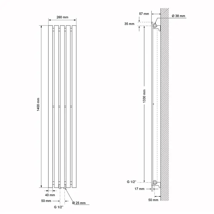 LuxeBath Badheizkörper Design Handtuchheizkörper Handtuchwärmer Mittelanschluss Radiator - Weiß - Technisches Diagramm eines vertikalen Wandheizkörpers, 1400mm hoch, 260mm breit, mit G 1/2" Anschlüssen und 50mm Wandabstand.