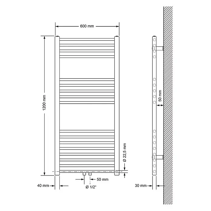 LuxeBath Badheizkörper Handtuchwärmer Mittelanschluss gerade mit Boden Thermostatventil - B x H: 60 x 120 mm, Weiß - Technische Zeichnung eines 1200x600mm Badheizkörpers im Leiterdesign mit Rohr- und Befestigungsmaßen.