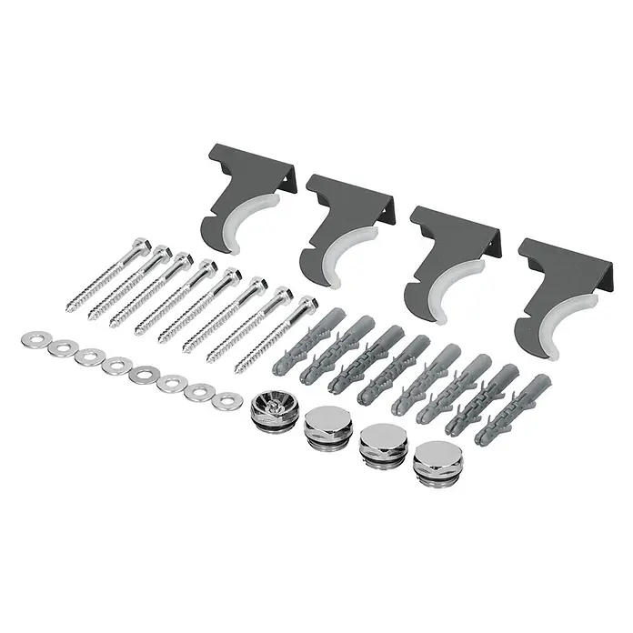 LuxeBath Badheizkörper Design Handtuchheizkörper Handtuchwärmer Mittelanschluss Radiator - Anthrazit - Heizkörper-Montageset mit grauen Halterungen, Schrauben, Dübeln, Unterlegscheiben und Chromkappen.