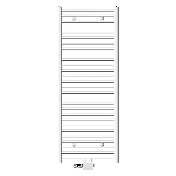 LuxeBath Badheizkörper Handtuchwärmer Mittelanschluss gebogen mit Universal Thermostatventil - B x H: 60 x 150 mm, Weiß - Weißer Handtuchheizkörper aus Metall mit horizontalen Stangen, vertikalen Kollektoren und Bodenventil.