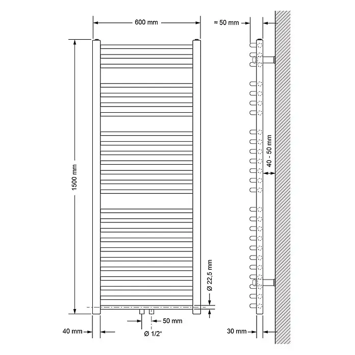 LuxeBath Badheizkörper Handtuchwärmer Mittelanschluss gebogen mit Boden Thermostatventil - B x H: 60 x 150 mm, Weiß - Technische Zeichnung eines vertikalen Handtuchheizkörpers, 1500x600mm, mit Anschlussdetails.