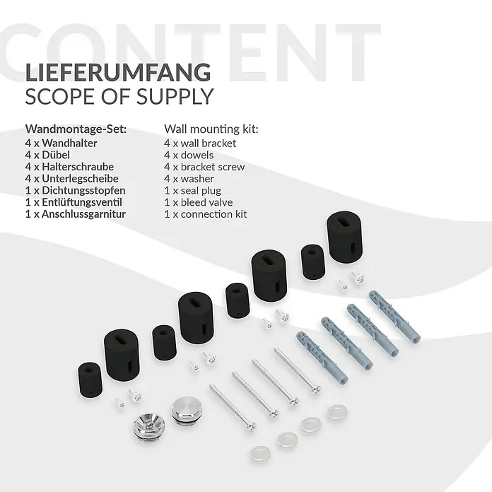 LuxeBath Badheizkörper Design Handtuchheizkörper Handtuchwärmer mit Eckform Thermostatventil - B x H: 60 x 100 mm, Schwarz - Komplettes Wandmontage-Set mit schwarzen Haltern, grauen Dübeln, silbernen Schrauben, Unterlegscheiben und Anschlussteilen zur Installation.