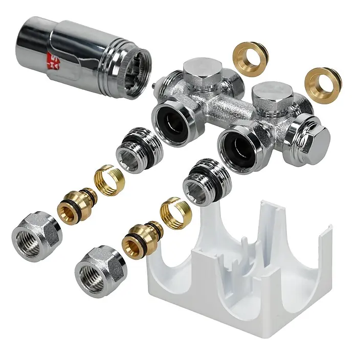 LuxeBath Badheizkörper Badheizkörper einlagig 480x1800 mm Mittelanschluss Weiß 900 W - Weiß - Verchromtes Heizkörperverteiler-Set mit Thermostatkopf, Messingarmaturen und weißer Halterung, zerlegt.