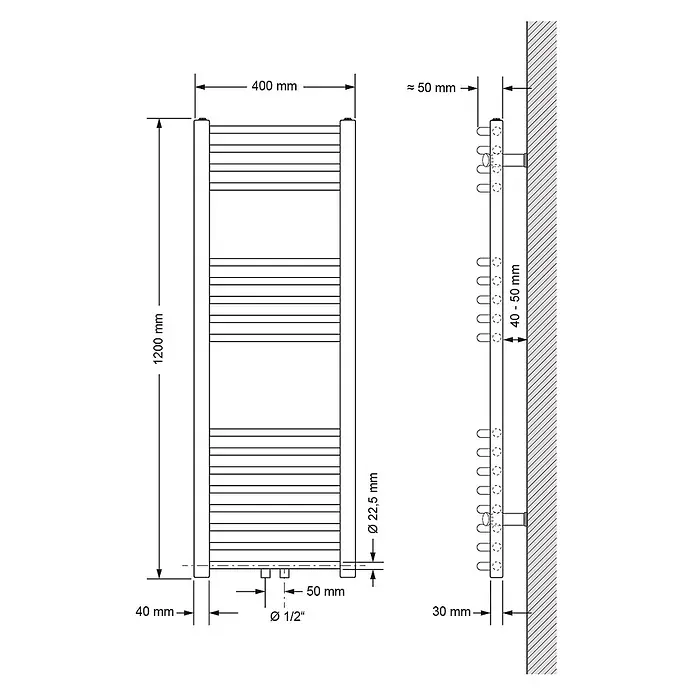 LuxeBath Badheizkörper Design Handtuchheizkörper Handtuchwärmer Mittelanschluss gebogen 350 W - Weiß - Technisches Zeichnung eines wandmontierten Handtuchwärmers, 1200mm hoch, 400mm breit, mit 1/2 Zoll Anschlüssen.