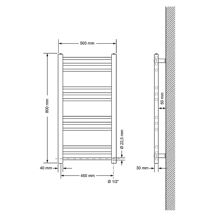 LuxeBath Badheizkörper Design Handtuchheizkörper Handtuchwärmer Seitenanschluss gerade 230 W - Chrom - Technische Zeichnung eines Handtuchheizkörpers, 800 mm hoch, 500 mm breit, mit Rohrdurchmesser, Wandabstand und Anschlussmaßen.