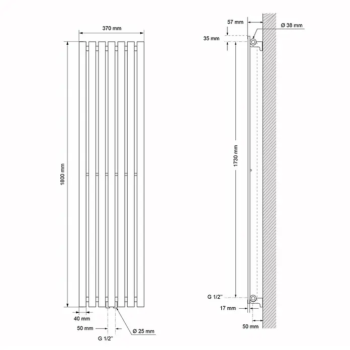 LuxeBath Badheizkörper Design Handtuchheizkörper Handtuchwärmer Mittelanschluss Radiator - Weiß - Technisches Zeichnungsdetail eines vertikalen Plattenheizkörpers mit Abmessungen 1800x370 mm und G 1/2" Anschlüssen.