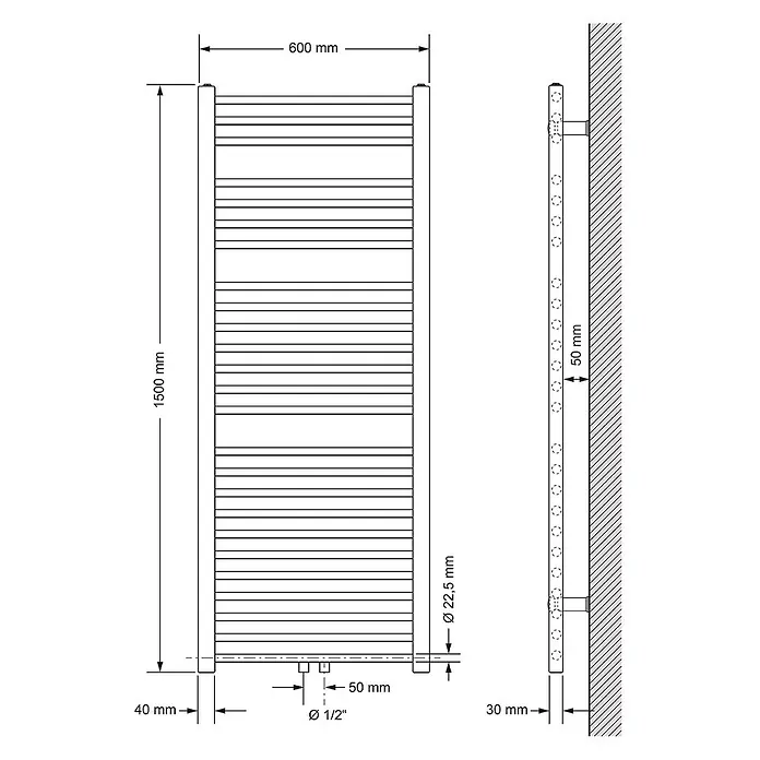 LuxeBath Badheizkörper Handtuchheizkörper Mittelanschluss gerade 600x1500 mm Weiß 660 W - Weiß - Technische Zeichnung eines vertikalen Badheizkörpers mit Maßen: 1500mm Höhe, 600mm Breite, 50mm Wandabstand.