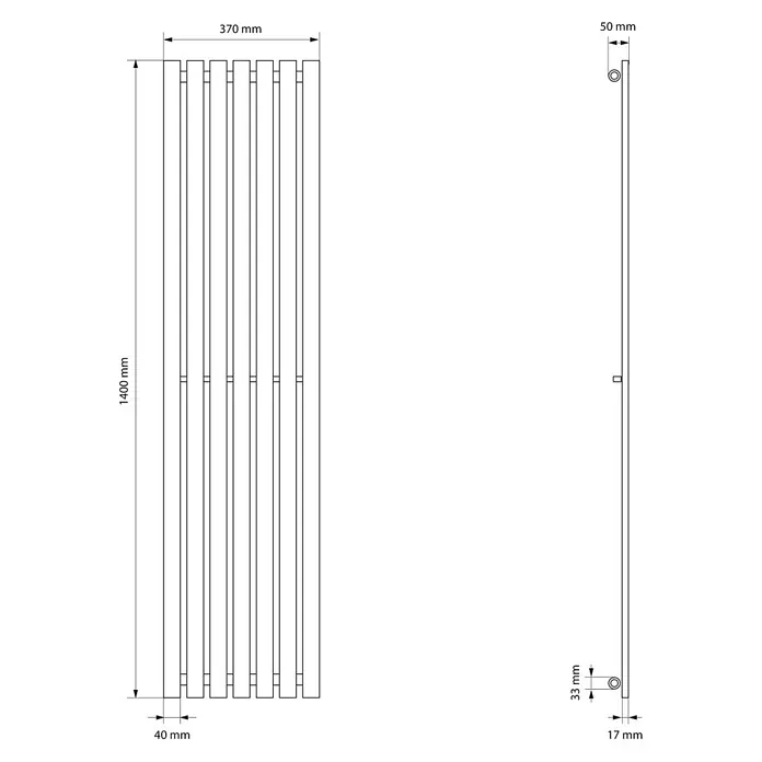 LuxeBath Badheizkörper Design Paneelheizkörper Handtuchwärmer mit Universal Thermostatventil - Weiß - Technische Zeichnung eines vertikalen Heizkörpers, 1400 mm hoch, 370 mm breit und 50 mm tief.