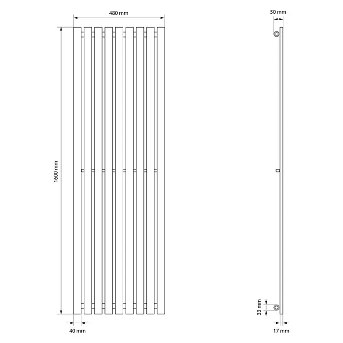 LuxeBath Badheizkörper Paneelheizkörper mit Durchgangsform Thermostatventil 480x1600 mm Weiß - Weiß - Vertikaler Flachheizkörper, 1600x480mm, mit 50mm Montagtiefe, in technischer Zeichnung dargestellt.