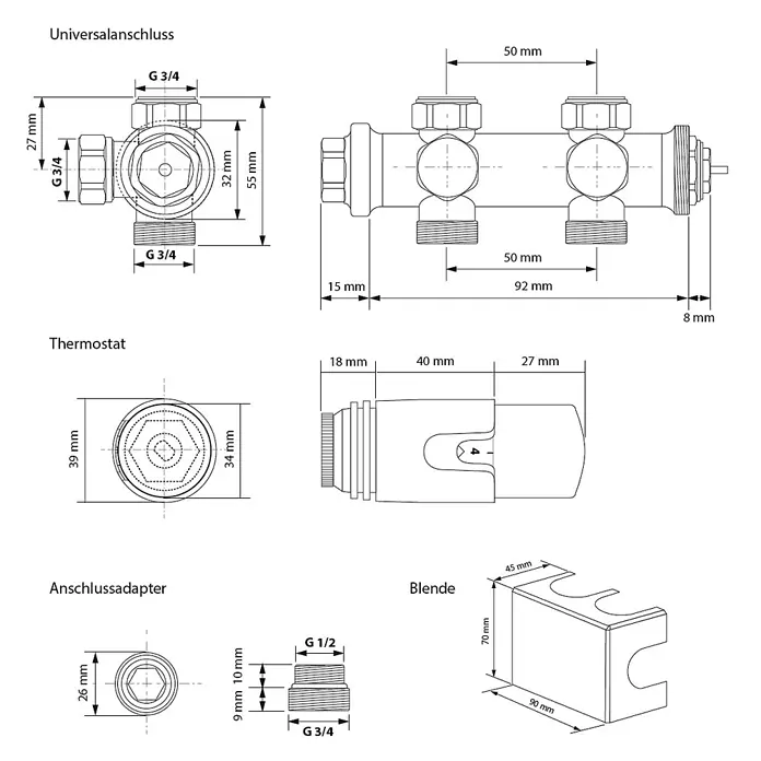 LuxeBath Badheizkörper Design Paneelheizkörper Handtuchwärmer mit Universal Thermostatventil - Weiß - Heizkörperanschluss-Set: messingfarbener Doppelverteiler G 3/4, weißer Thermostatkopf, Messingadapter und weiße Abdeckblende.