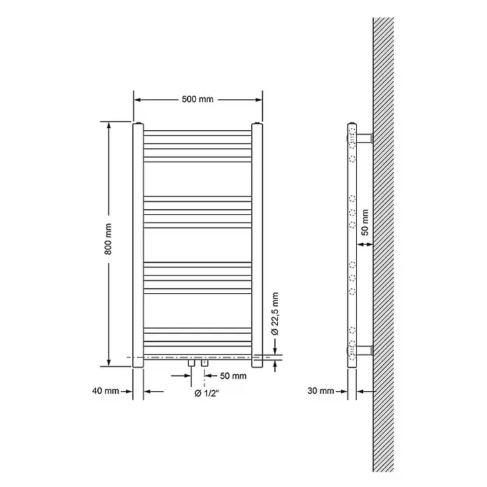 LuxeBath Badheizkörper Design Handtuchheizkörper Handtuchwärmer Mittelanschluss gerade 290 W - Weiß - Technische Zeichnung eines rechteckigen Handtuchwärmers, 800x500mm, mit Wandmontage- und Rohranschlussdetails (1/2").