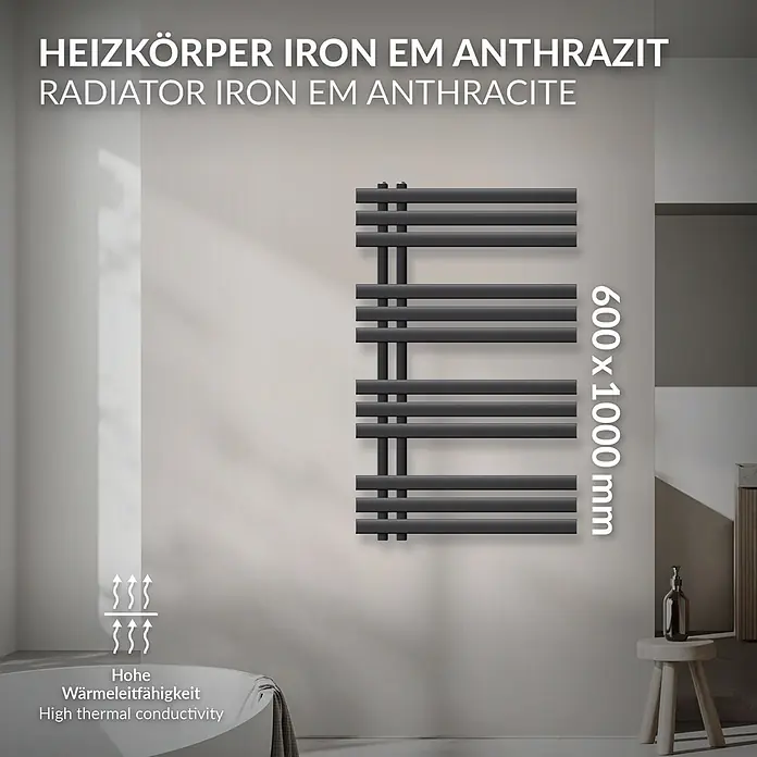 LuxeBath Badheizkörper Design Handtuchheizkörper Handtuchwärmer Mittelanschluss Radiator - B x H: 60 x 100 mm, Anthrazit - Anthrazitfarbener Heizkörper aus Eisen (600x1000 mm) mit hoher Wärmeleitfähigkeit, an der Wand montiert.