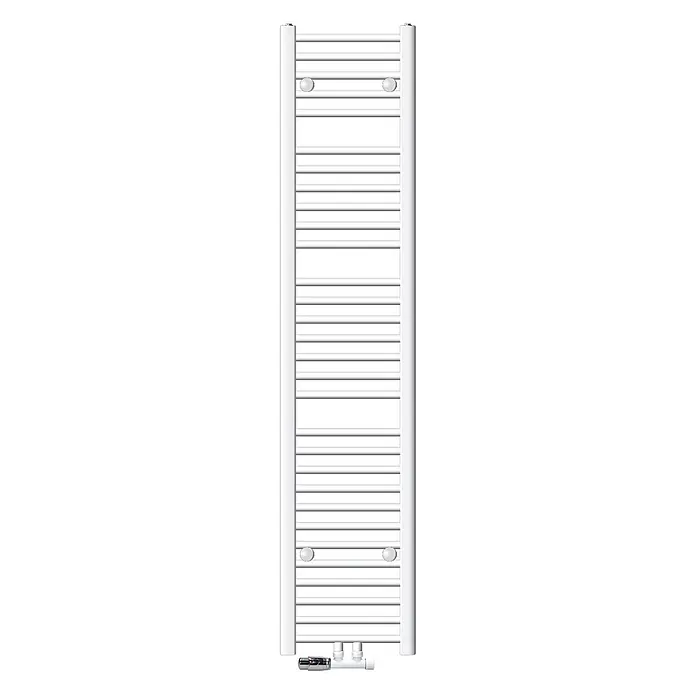 LuxeBath Badheizkörper Handtuchwärmer Mittelanschluss gerade mit Eckform Thermostatventil - B x H: 30 x 180 cm, Weiß - Weißer Handtuchheizkörper aus Metall mit horizontalen Stäben und Bodenventil, zum Heizen und Trocknen.