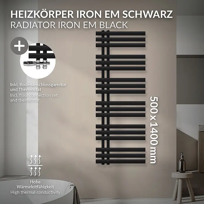 Badheizkörper 500x1400mm Schwarz Seitenanschluss mit Ventil Durchgang -  - Schwarzer vertikaler Handtuchheizkörper (500x1400mm) mit hoher Wärmeleitfähigkeit, inkl. Bodenanschlussgarnitur.