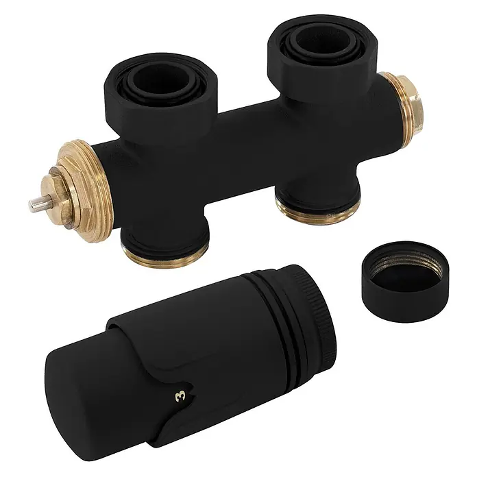 LuxeBath Badheizkörper Handtuchheizkörper Handtuchwärmer mit Durchgangsform Thermostatventil - B x H: 60 x 100 mm, Schwarz - Schwarzer Verteilerkörper mit Messingarmaturen und separatem schwarzem Thermostatkopf mit Kappe.