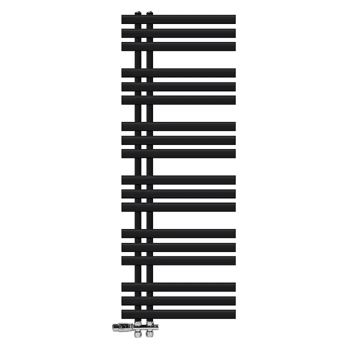Badheizkörper 500x1400mm Schwarz Seitenanschluss mit Ventil Durchgang -  - Schwarzer Handtuchheizkörper mit horizontalen Stäben, zwei vertikalen Kollektoren und verchromten Regelventilen.