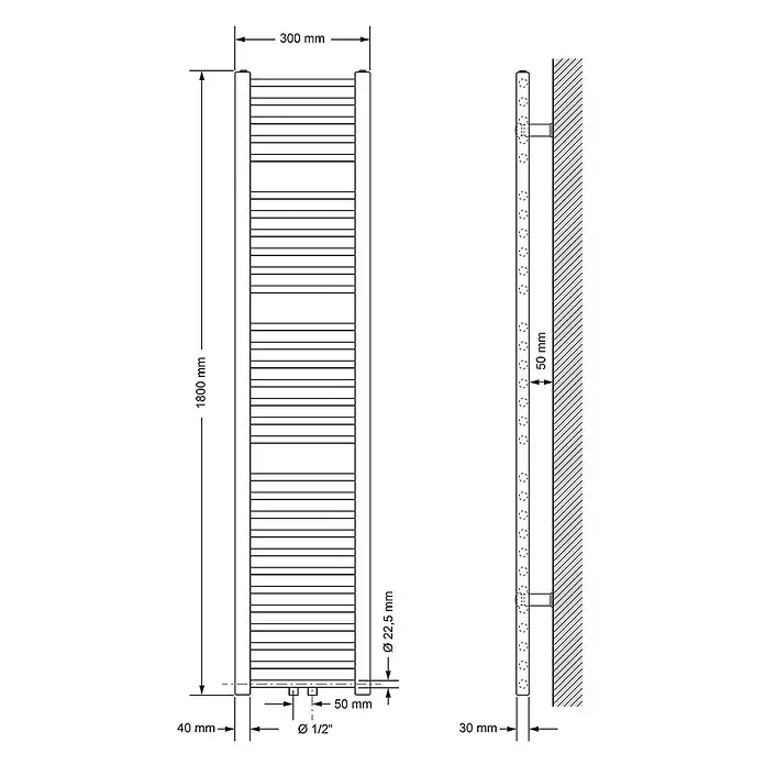 LuxeBath Badheizkörper Design Handtuchheizkörper Handtuchwärmer Mittelanschluss gerade 470 W - B x H: 30 x 180 mm, Weiß - Technische Zeichnung eines Handtuchheizkörpers, 1800mm hoch und 300mm breit, mit detaillierten Abmessungen für Installation und Anschlüsse.