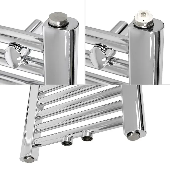 LuxeBath Badheizkörper Handtuchwärmer Mittelanschluss gerade mit Universal Thermostatventil - Chrom - Verchromter Handtuchheizkörper mit Detailansichten von oberem Stopfen, Entlüftungsventil und unteren Anschlüssen.