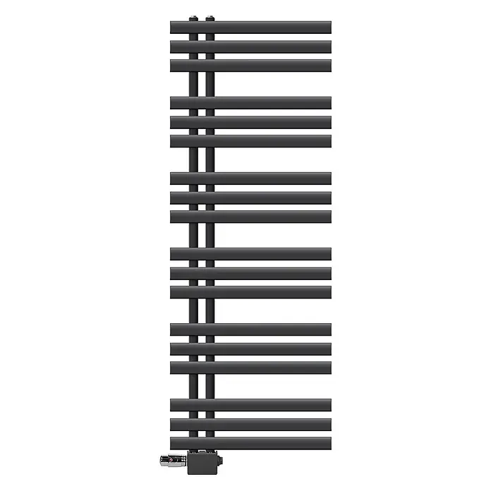 Badheizkörper 50x140cm Anthrazit Seitenanschluss mit Ventil Universal -  - Dunkelgrauer Handtuchheizkörper mit horizontalen Stangen und Regelventil.