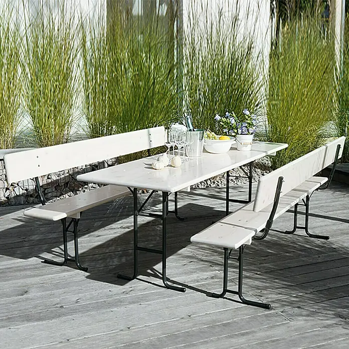 Sunfun Bierzeltgarnitur - 3 -tlg., Nadelholz/Stahl, Klappbar, Weiß/Grau, Tisch (L x B x H): 220 x 70 x 77 cm, Bank (B x T x H): 220 x 25 x 49 cm - Gartentisch mit Bänken und Rückenlehne. Das Set ist für den Außenbereich geeignet und bietet Platz für mehrere Personen.